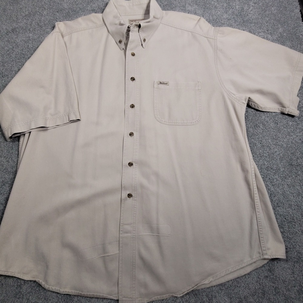 Woolrich Mens XL Beige Short Sleeve Button Down Rugged Outdoor Shirt 100% Cotton